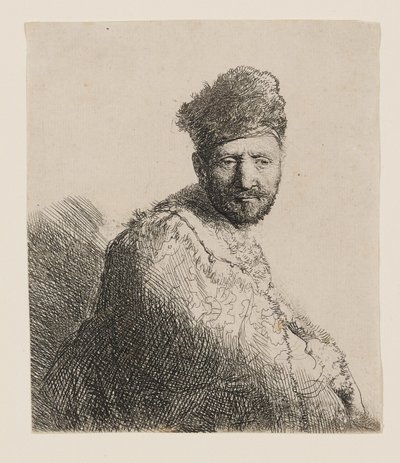 Skægget mand i pelsbeklædt orientalsk hue og kappe: Halvfigur af Rembrandt van Rijn