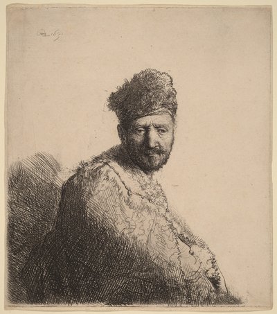 En skægget mand med en pelsforet orientalsk hue og kappe: kunstnerens far af Rembrandt van Rijn