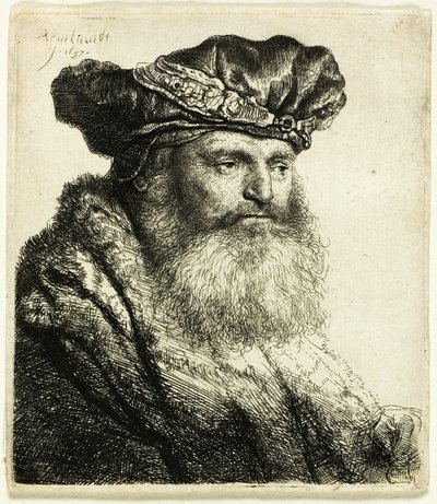 Skægget mand i fløjlskasket med juvellås af Rembrandt van Rijn