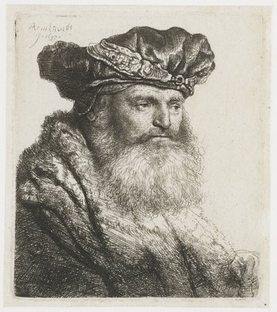 Skægget mand i en fløjlskasket med et juvellås Skægget mand i fløjlskasket med juvellås af Rembrandt van Rijn