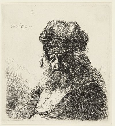 Skægget gammel mand med en høj pelshue og lukkede øjne af Rembrandt van Rijn