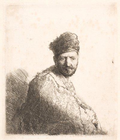 Skægget mand (Rembrandts far) i orientalsk hue og kappe med pelskant: halvfigur af Rembrandt van Rijn