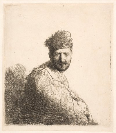 Skægget mand (Rembrandts far) i orientalsk hue og kappe med pelskant: halvfigur af Rembrandt van Rijn