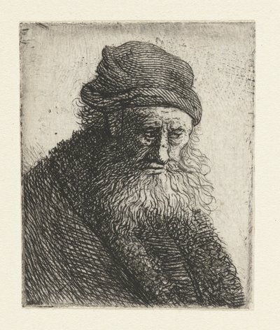 Skægget mand med kort bølget hår: buste af Rembrandt van Rijn