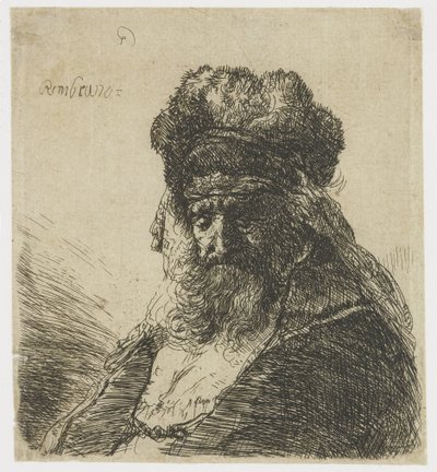 Skæggede gammel mand i høj pelshue med lukkede øjne af Rembrandt van Rijn