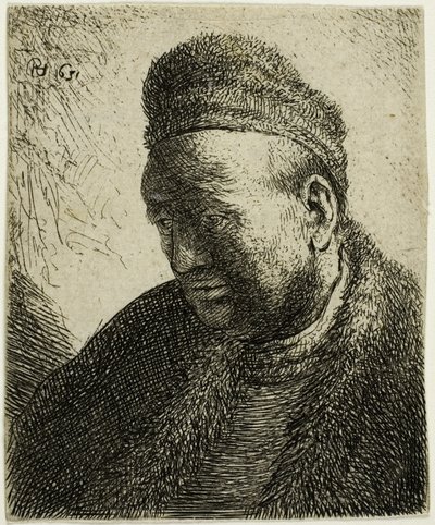 Skægløs mand i en pelskappe og kasket: Buste af Rembrandt van Rijn