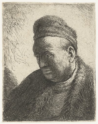 Skægløs mand i pelskappe og kasket: buste af Rembrandt van Rijn