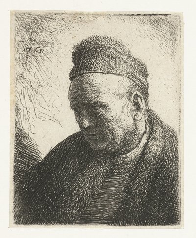 Skægløs mand i pelskappe og kasket: buste af Rembrandt van Rijn