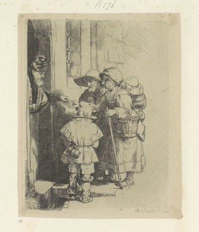 Tiggerfamilien modtager almisse ved døren til et hus Recueil de quatre-vingt-cinq estampes originales (serietitel) af Rembrandt van Rijn