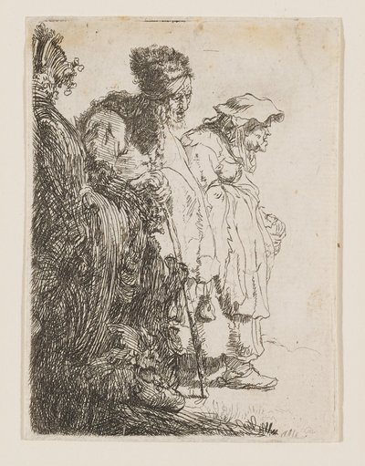 En tigger og en tiggerinde bag en bank af Rembrandt van Rijn