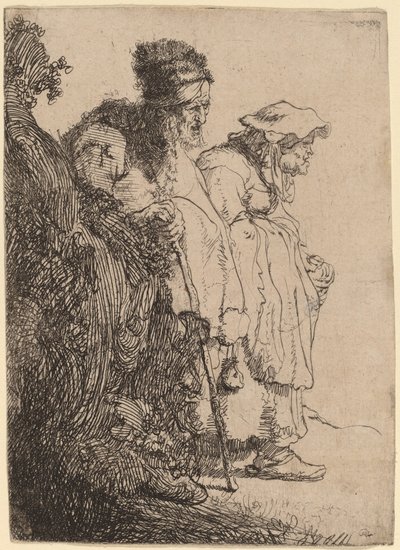 Tiggermand og kvinde bag en bank af Rembrandt van Rijn
