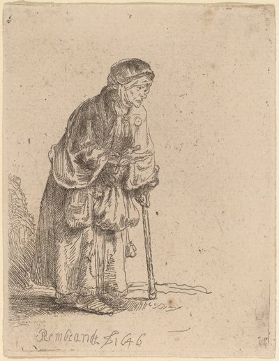 Tiggerkvinde læner sig op ad en pind af Rembrandt van Rijn