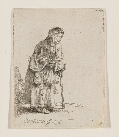 Tiggende kvinde støttet til en stok af Rembrandt van Rijn
