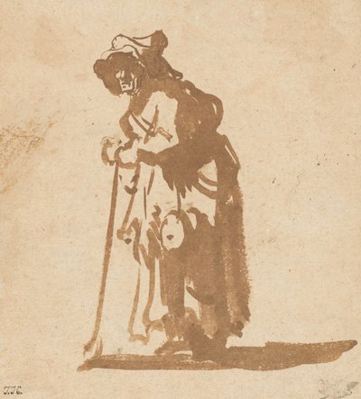 Tiggerkvinde læner sig op ad en pind, 16281630. af Rembrandt van Rijn
