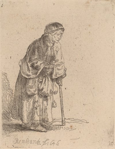 Tiggerkvinde læner sig op ad en pind, 1646. af Rembrandt van Rijn