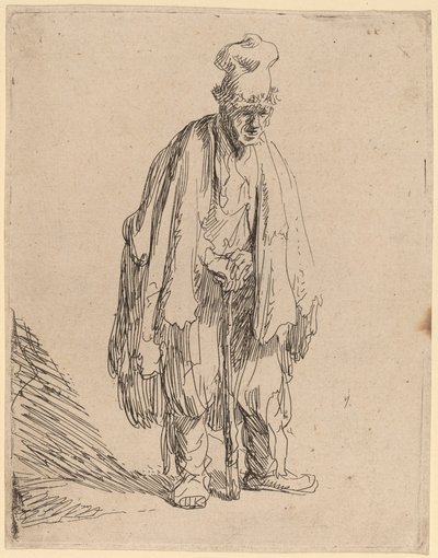 Tigger med høj kasket, stående og lænet på en pind af Rembrandt van Rijn