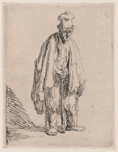 Tigger med høj kasket, stående og støttet til en stok af Rembrandt van Rijn