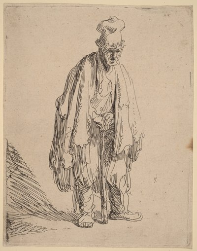 Tigger med høj kasket, stående og støttet til en stok af Rembrandt van Rijn