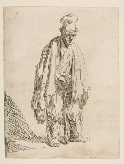 Tigger med høj kasket, stående og lænet på en pind, ca. 1629. af Rembrandt van Rijn