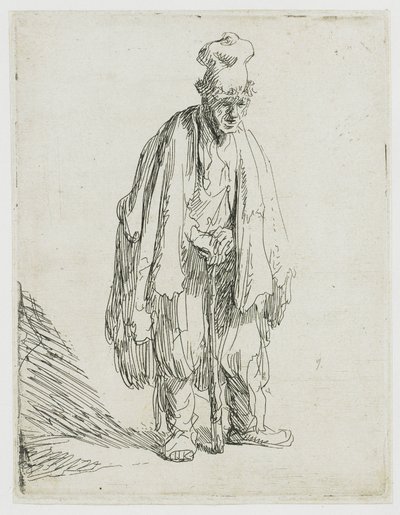 En tigger med en høj hue, der står og støtter sig til en stok af Rembrandt van Rijn