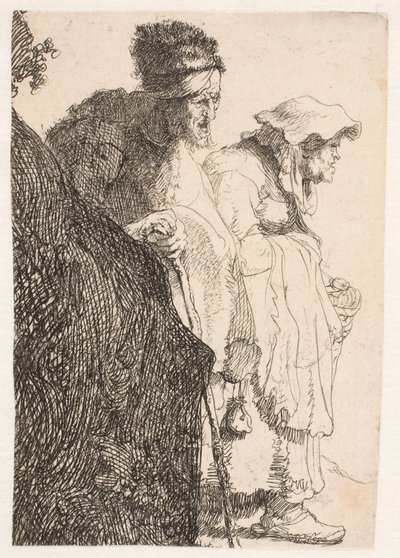 En tigger og en tiggerinde bag en bank af Rembrandt van Rijn