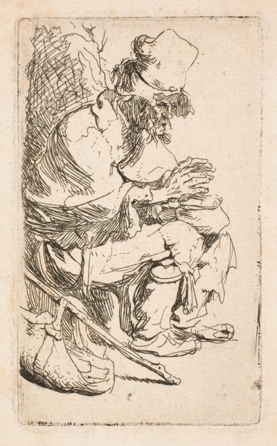 En tigger, der sidder og varmer hænderne ved en varmeskål af Rembrandt van Rijn