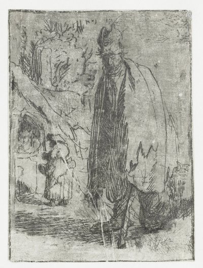Tigger med en hytte og to figurer i baggrunden af Rembrandt van Rijn