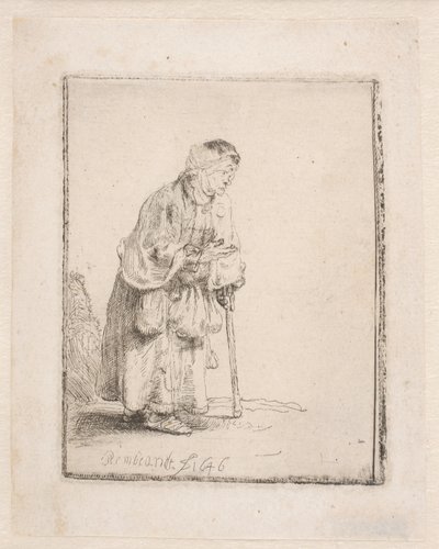 En tiggerkvinde, der støtter sig til en stok af Rembrandt van Rijn