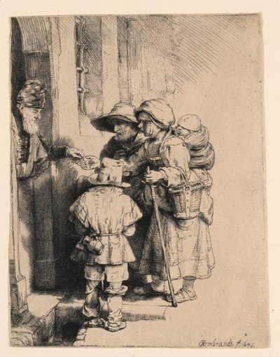 Tiggere, der modtager almisser ved døren til et hus af Rembrandt van Rijn