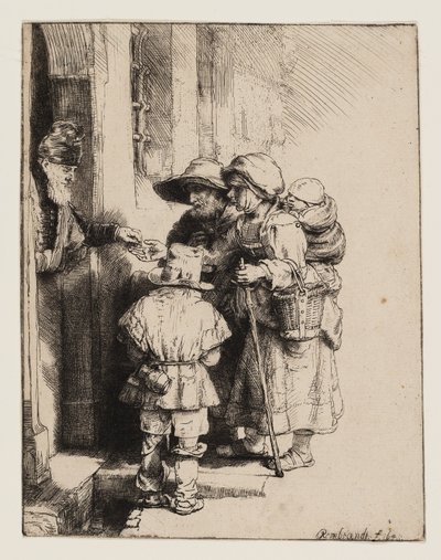 Tiggere, der modtager almisser ved døren til et hus af Rembrandt van Rijn