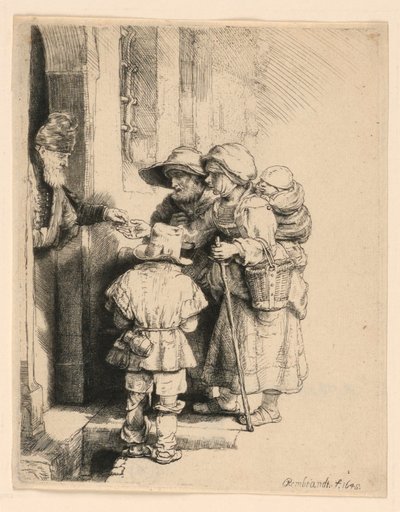 Tiggere, der modtager almisser ved døren til et hus af Rembrandt van Rijn