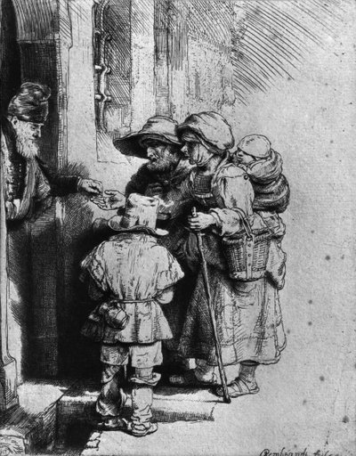 Tiggere på dørtrinnet til et hus, 1648 af Rembrandt van Rijn