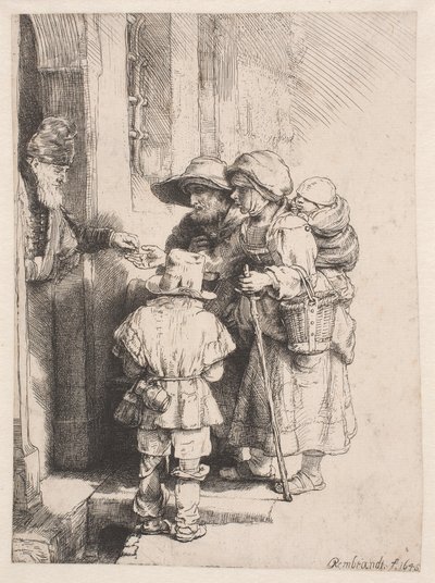 Tiggere, der modtager almisser ved indgangen til et hus af Rembrandt van Rijn