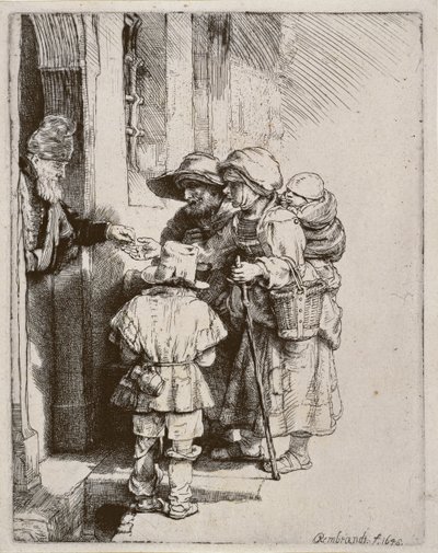 Tiggere, der modtager almisse ved døren til et hus, 1648 (tørpunktsgravering) af Rembrandt van Rijn