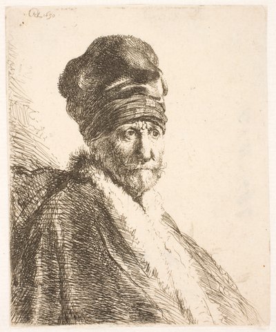 Buste af en mand (Rembrandts far) iført en høj hue, set i trekvartprofil af Rembrandt van Rijn