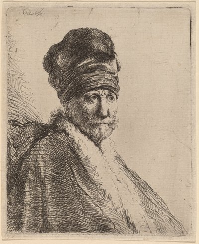Buste af en mand iført høj kasket, trekvart højre (kunstnerens far?) af Rembrandt van Rijn