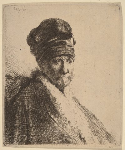 Buste af en mand med høj kasket, set i trekvartprofil til højre (kunstnerens far) af Rembrandt van Rijn