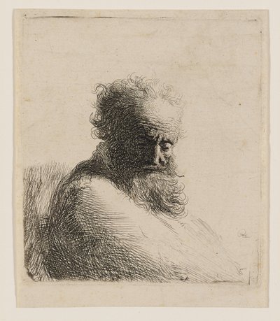 Buste af en gammel, skægget mand, der ser nedad, i trekvartprofil mod højre af Rembrandt van Rijn