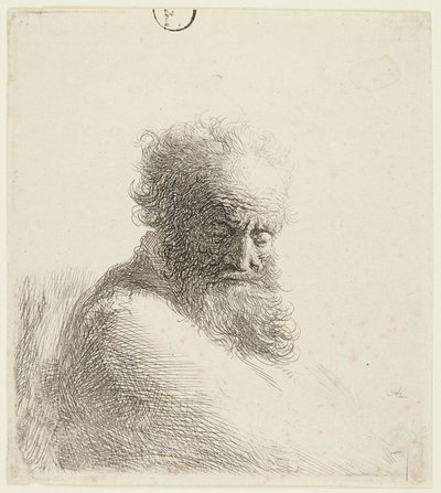 Buste af en ældre mand, der ser nedad, set i trekvartprofil til højre af Rembrandt van Rijn