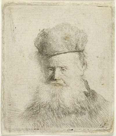Buste af en gammel mand med en pelshue og flydende skæg, næsten fuld ansigt af Rembrandt van Rijn