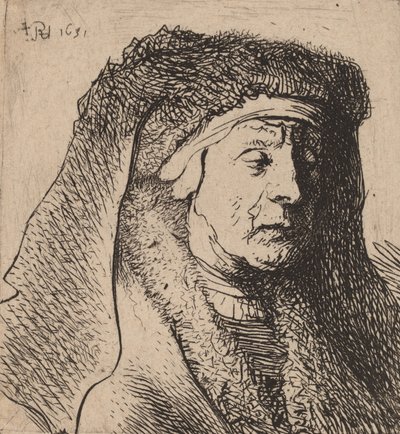 Buste af en gammel kvinde i en pelset kappe og kraftig hovedbeklædning, 1631. af Rembrandt van Rijn