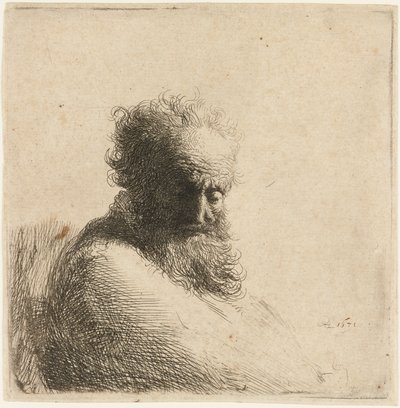 Buste af en gammel skægget mand, kigger ned, tre kvarter til højre, 1631. af Rembrandt van Rijn
