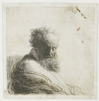 Buste af en gammel skægget mand, der kigger ned, tre kvarter til højre af Rembrandt van Rijn