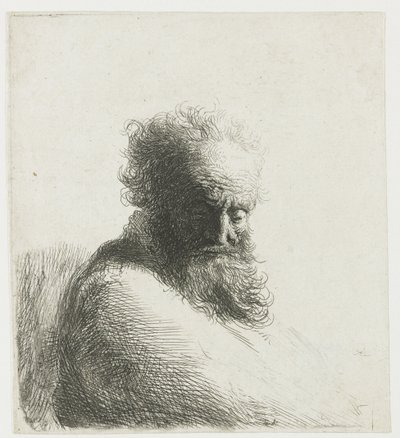 Buste af en gammel skægget mand, der kigger ned, tre kvarter til højre af Rembrandt van Rijn