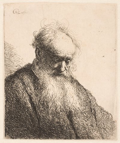 Buste af en gammel mand med et fyldigt skæg: hovedet er vendt tre fjerdedele mod højre af Rembrandt van Rijn