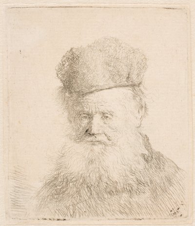 Buste af en gammel mand med pelshue og langt skæg: næsten i fuld ansigtsprofil: blikket rettet fremad af Rembrandt van Rijn