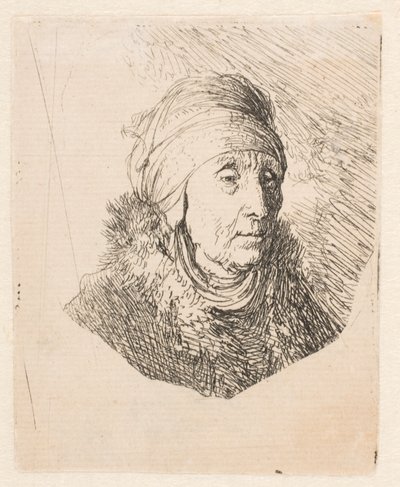 Buste af en ældre kvinde med en høj hovedbeklædning, der er bundet fast omkring hagen af Rembrandt van Rijn