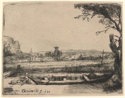 Kanal med stor båd og bro af Rembrandt van Rijn