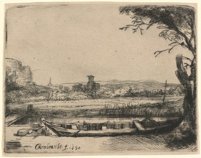 Kanal med en stor båd og en bro af Rembrandt van Rijn