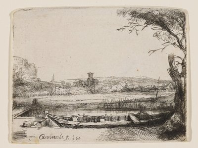 Kanal med en stor båd og en bro af Rembrandt van Rijn